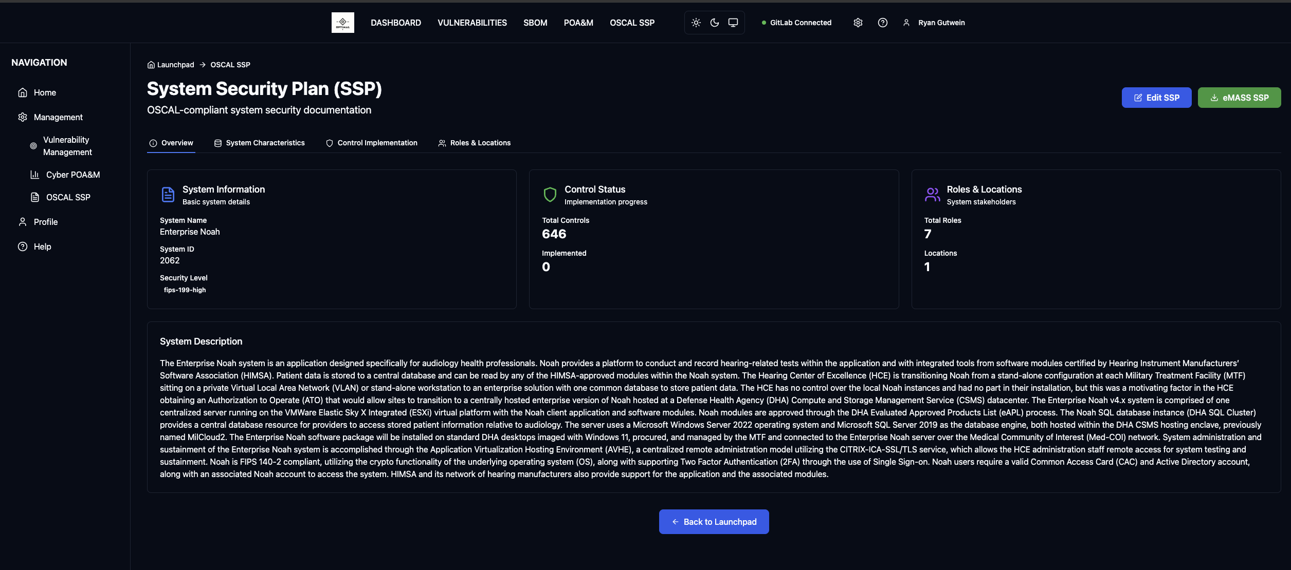 System Security Plan Dashboard